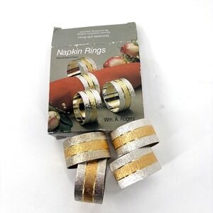 Imported By Oneida Napkin Rings Sparkle Silverplate w Brass, Wm A.Rodgers In Box